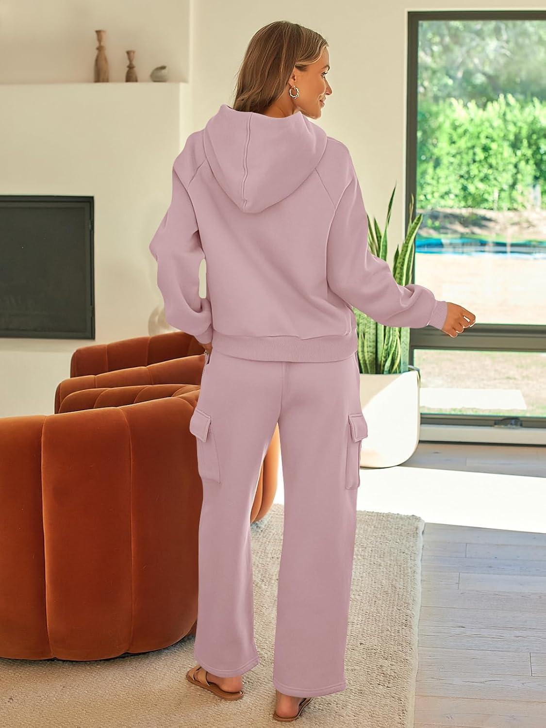 imageAUTOMET Womens Sweatsuits 2 Piece Outfits Fall Sweat Sets Lounge Hoodies and Cargo Pants Wide Leg with PocketsDarkpink