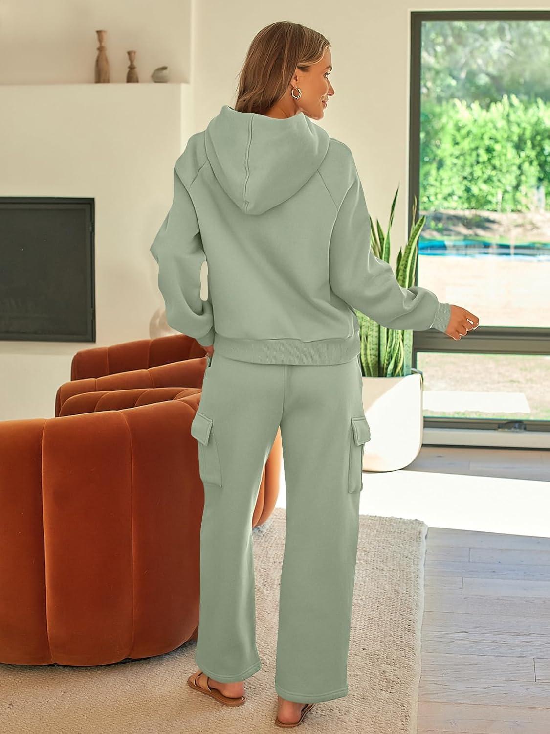 imageAUTOMET Womens Sweatsuits 2 Piece Outfits Fall Sweat Sets Lounge Hoodies and Cargo Pants Wide Leg with PocketsGreen
