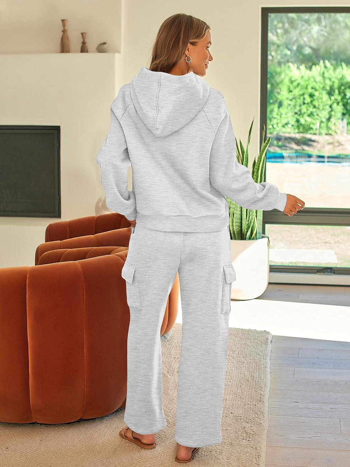 imageAUTOMET Womens Sweatsuits 2 Piece Outfits Fall Sweat Sets Lounge Hoodies and Cargo Pants Wide Leg with PocketsGrey