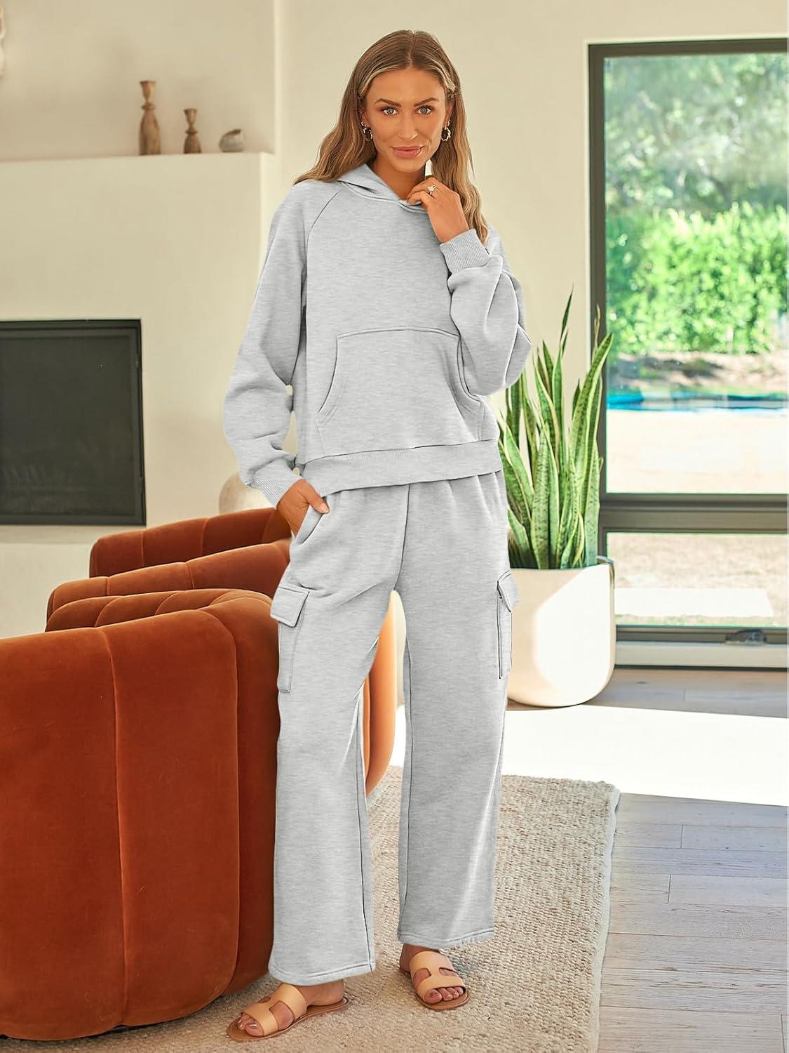 imageAUTOMET Womens Sweatsuits 2 Piece Outfits Fall Sweat Sets Lounge Hoodies and Cargo Pants Wide Leg with PocketsGrey