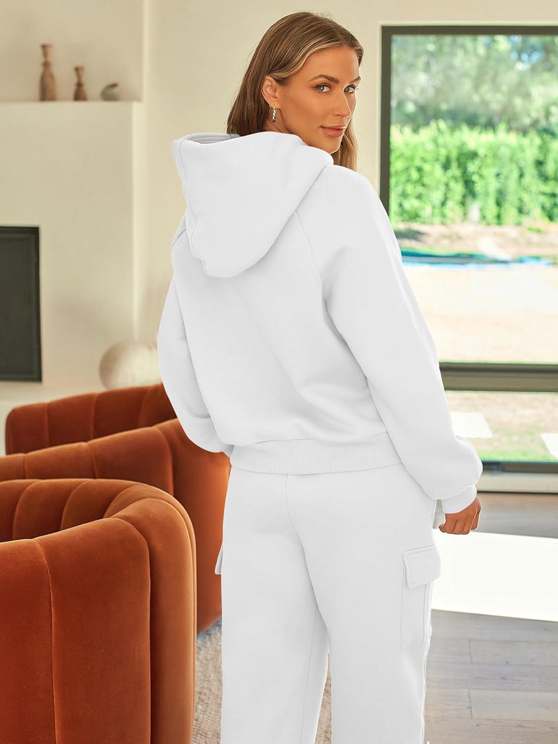imageAUTOMET Womens Sweatsuits 2 Piece Outfits Fall Sweat Sets Lounge Hoodies and Cargo Pants Wide Leg with PocketsWhite
