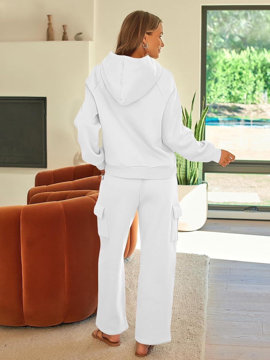 imageAUTOMET Womens Sweatsuits 2 Piece Outfits Fall Sweat Sets Lounge Hoodies and Cargo Pants Wide Leg with PocketsWhite