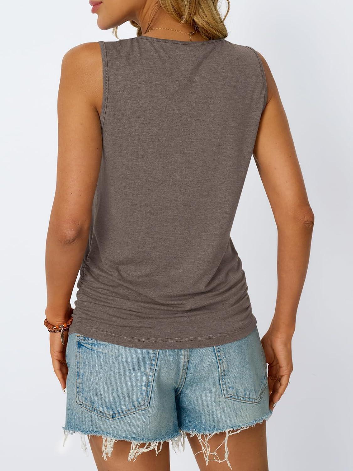 imageAUTOMET Womens Tank Tops 2025 Sleeveless Square Round Neck Ruched Spring Summer Tee Shirts Basic Outfits Trendy ClothesCoffeegrey