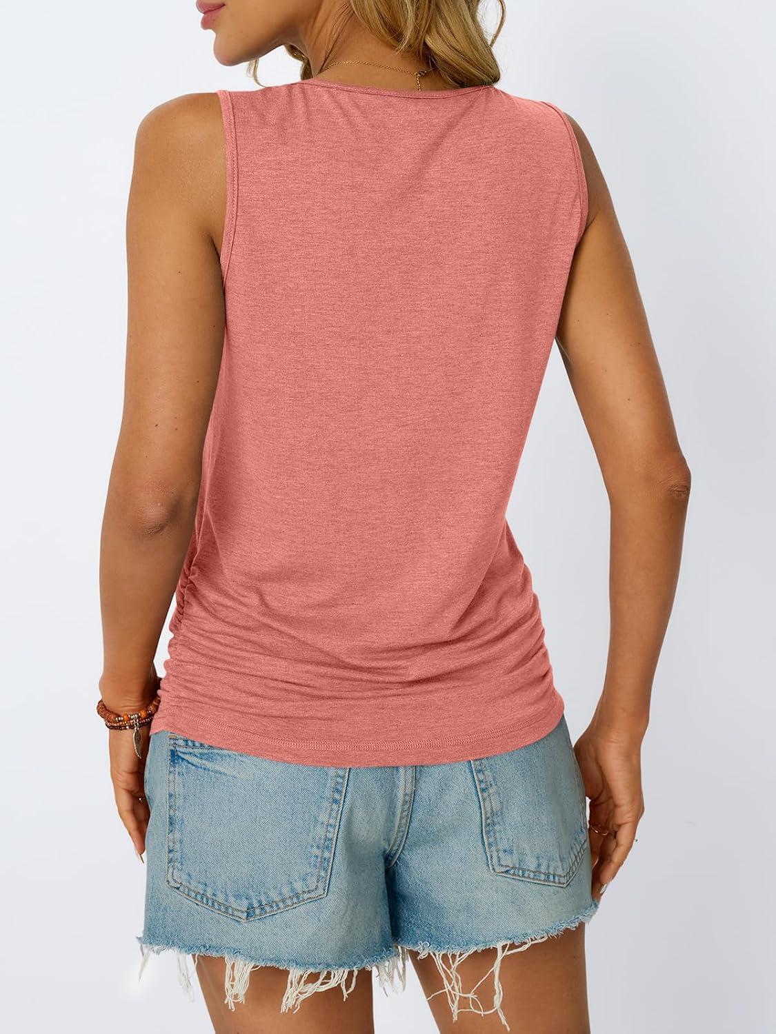 imageAUTOMET Womens Tank Tops 2025 Sleeveless Square Round Neck Ruched Spring Summer Tee Shirts Basic Outfits Trendy ClothesCoral