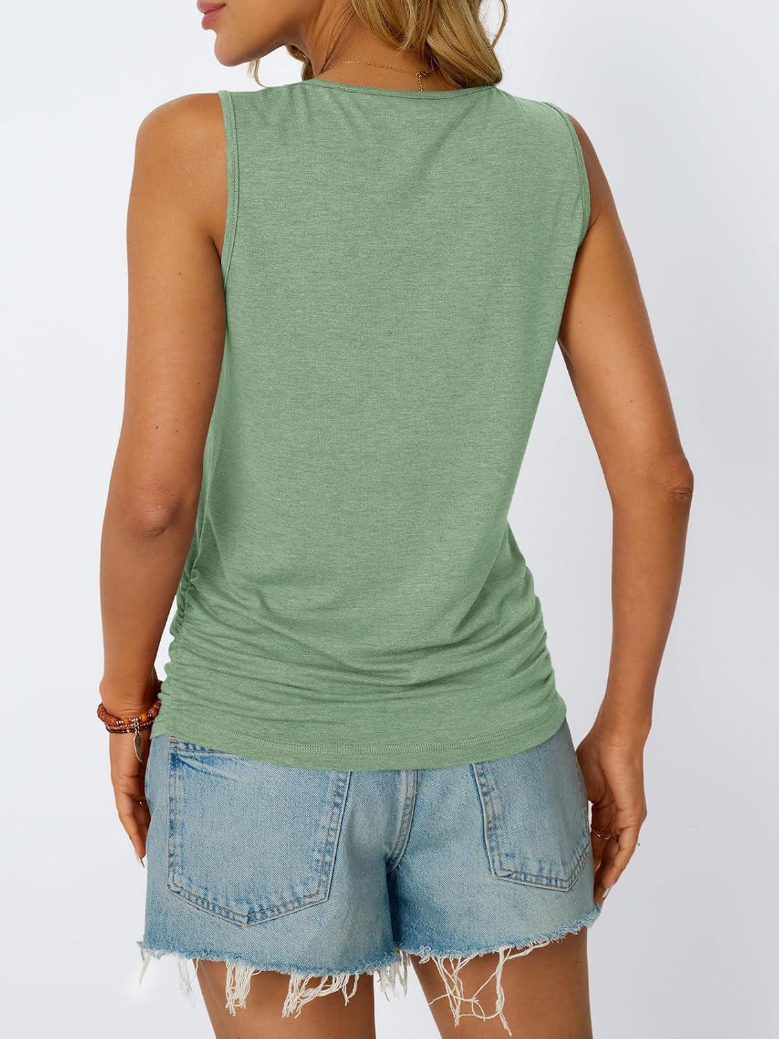 imageAUTOMET Womens Tank Tops 2025 Sleeveless Square Round Neck Ruched Spring Summer Tee Shirts Basic Outfits Trendy ClothesGreen