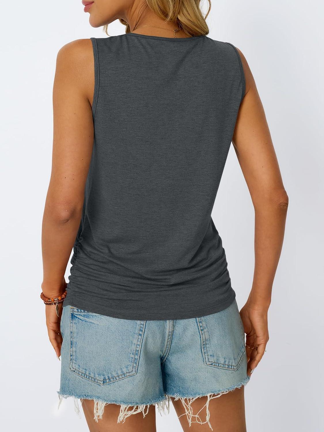 imageAUTOMET Womens Tank Tops 2025 Sleeveless Square Round Neck Ruched Spring Summer Tee Shirts Basic Outfits Trendy ClothesGrey