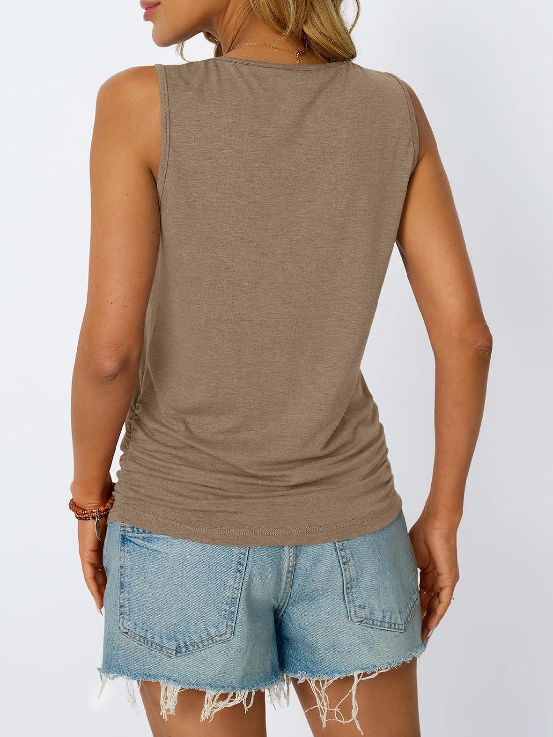 imageAUTOMET Womens Tank Tops 2025 Sleeveless Square Round Neck Ruched Spring Summer Tee Shirts Basic Outfits Trendy ClothesKhaki