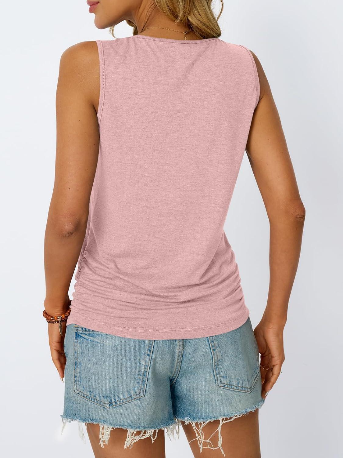 imageAUTOMET Womens Tank Tops 2025 Sleeveless Square Round Neck Ruched Spring Summer Tee Shirts Basic Outfits Trendy ClothesPink