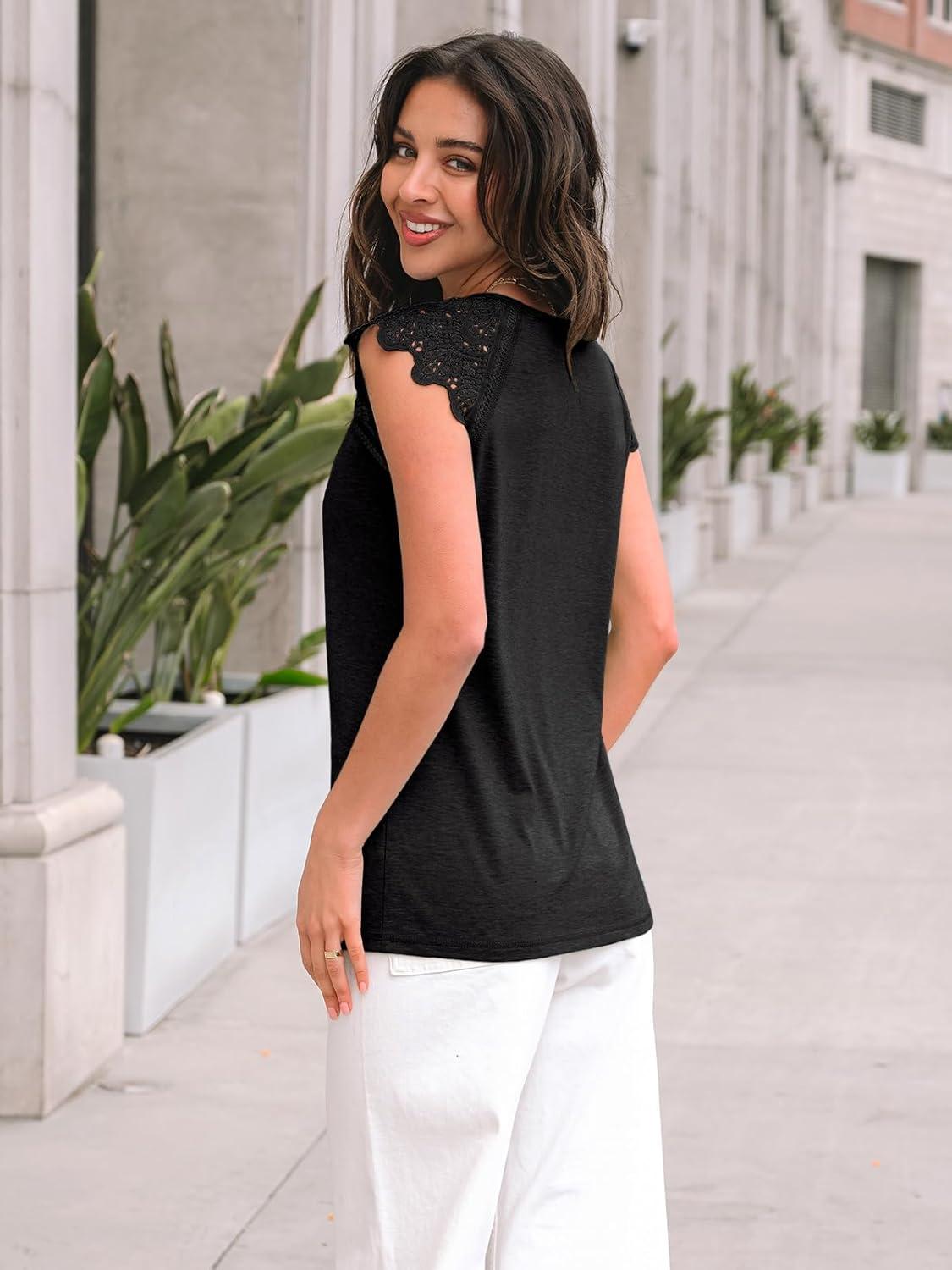 imageAUTOMET Womens Tops Casual Dressy Lace Summer Tee 2025 Cap Sleeve T Shirts Cute Basic Trendy Fashion Spring OutfitsBlack