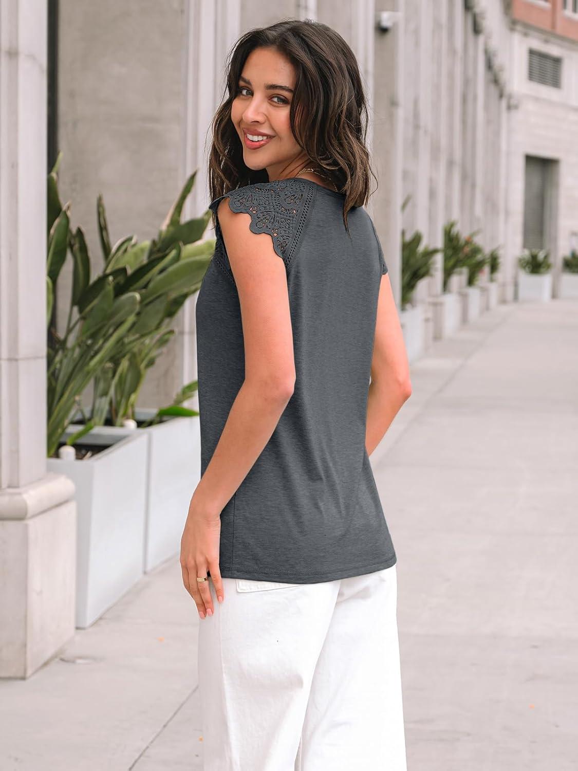 imageAUTOMET Womens Tops Casual Dressy Lace Summer Tee 2025 Cap Sleeve T Shirts Cute Basic Trendy Fashion Spring OutfitsBlackgrey