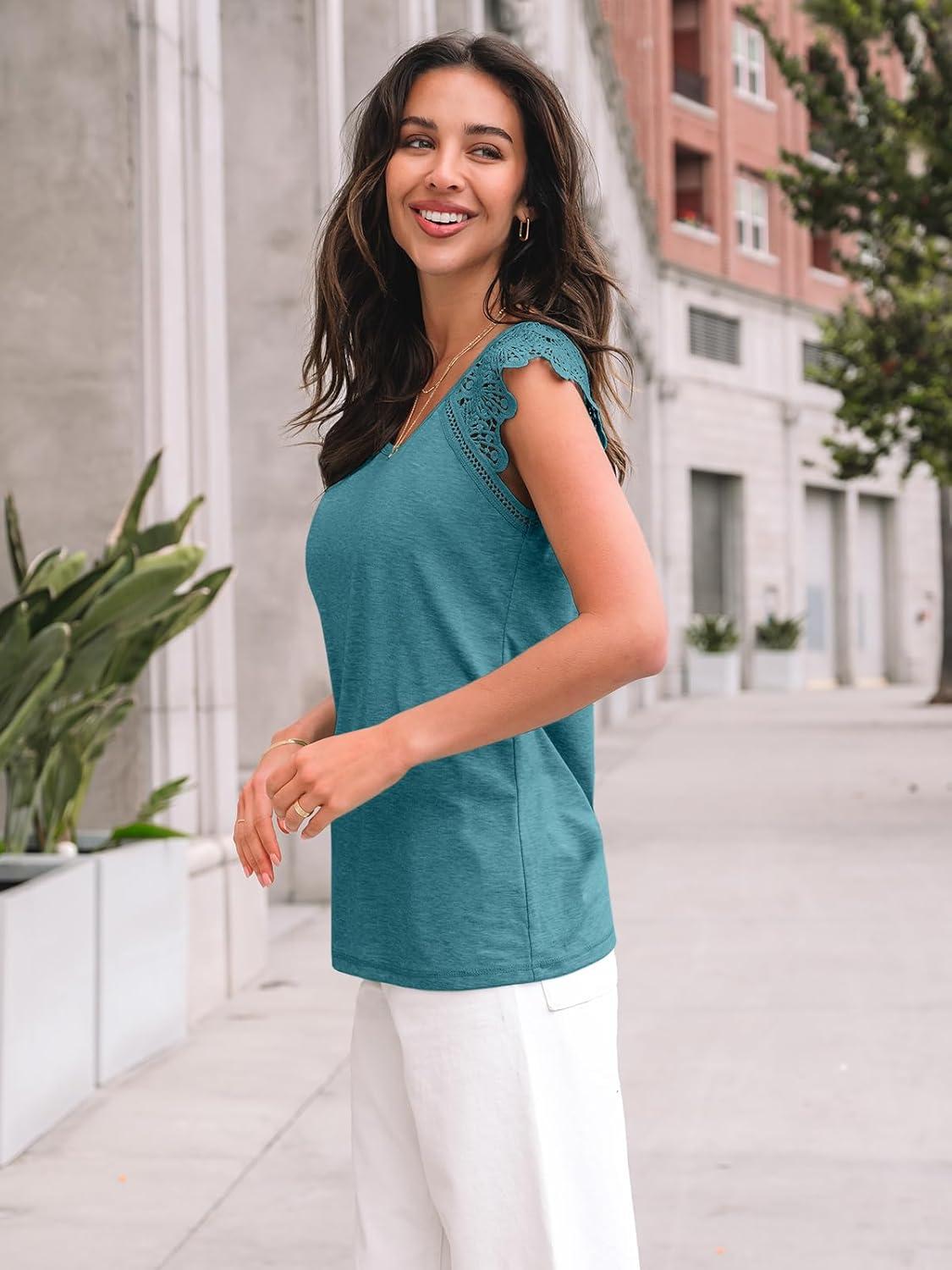 imageAUTOMET Womens Tops Casual Dressy Lace Summer Tee 2025 Cap Sleeve T Shirts Cute Basic Trendy Fashion Spring OutfitsBluegreen