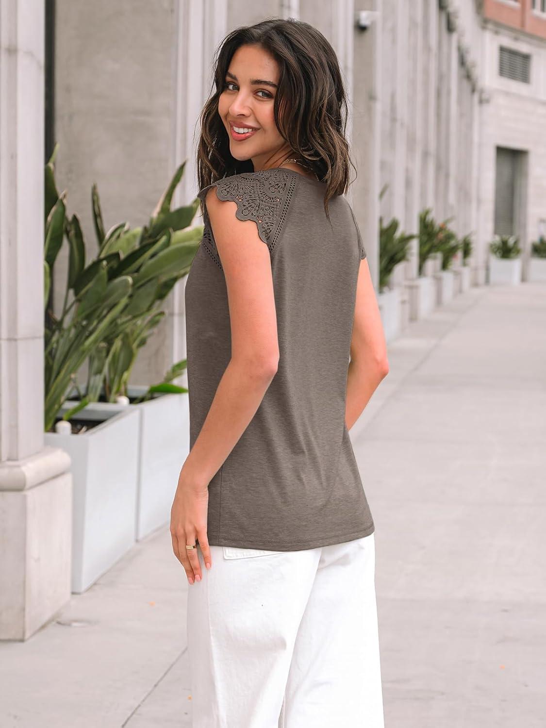 imageAUTOMET Womens Tops Casual Dressy Lace Summer Tee 2025 Cap Sleeve T Shirts Cute Basic Trendy Fashion Spring OutfitsCoffee