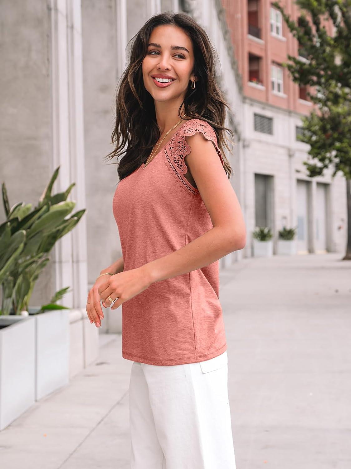 imageAUTOMET Womens Tops Casual Dressy Lace Summer Tee 2025 Cap Sleeve T Shirts Cute Basic Trendy Fashion Spring OutfitsCoral