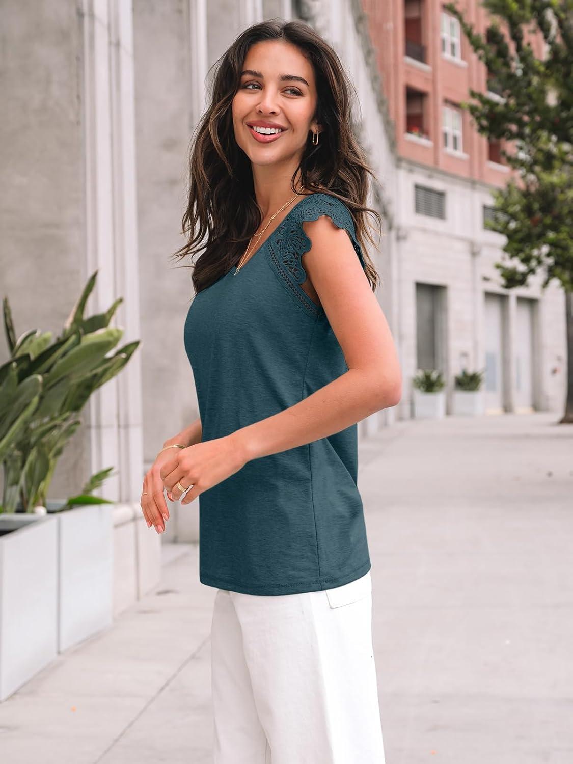 imageAUTOMET Womens Tops Casual Dressy Lace Summer Tee 2025 Cap Sleeve T Shirts Cute Basic Trendy Fashion Spring OutfitsDarkgreen