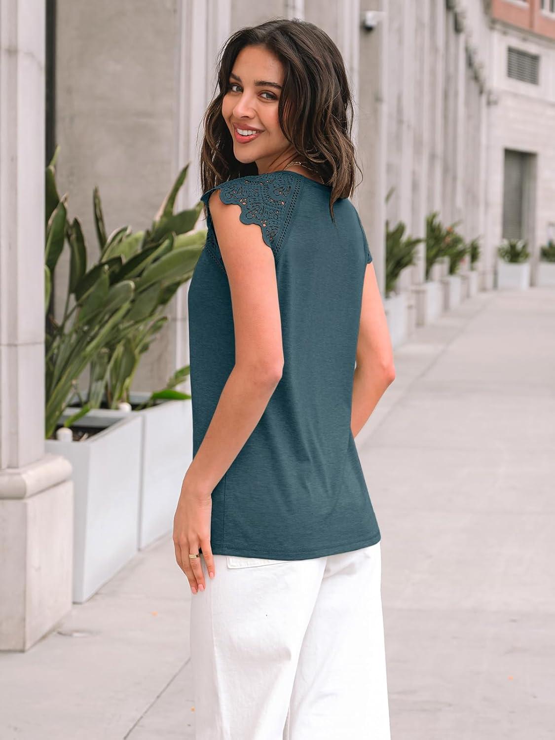 imageAUTOMET Womens Tops Casual Dressy Lace Summer Tee 2025 Cap Sleeve T Shirts Cute Basic Trendy Fashion Spring OutfitsDarkgreen