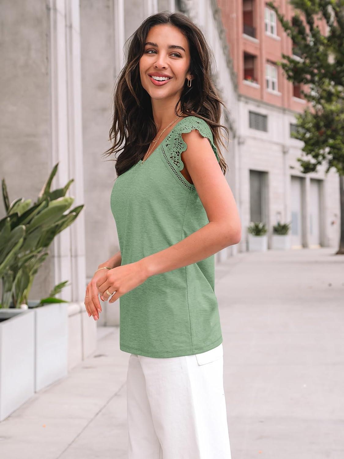 imageAUTOMET Womens Tops Casual Dressy Lace Summer Tee 2025 Cap Sleeve T Shirts Cute Basic Trendy Fashion Spring OutfitsGreen