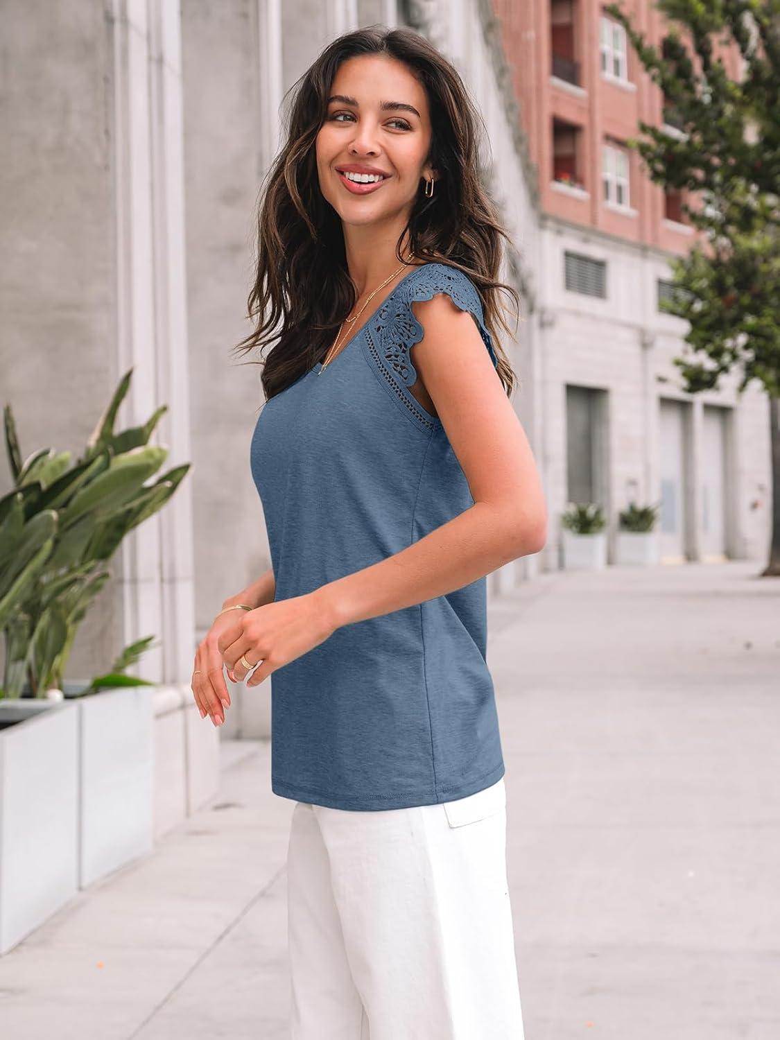 imageAUTOMET Womens Tops Casual Dressy Lace Summer Tee 2025 Cap Sleeve T Shirts Cute Basic Trendy Fashion Spring OutfitsGreyblue