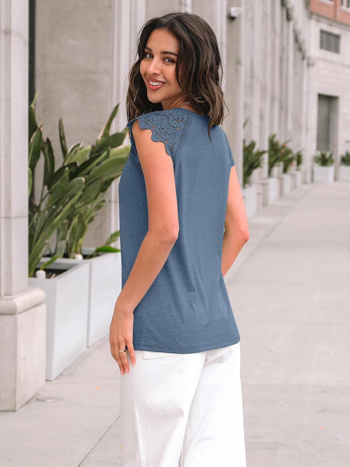 imageAUTOMET Womens Tops Casual Dressy Lace Summer Tee 2025 Cap Sleeve T Shirts Cute Basic Trendy Fashion Spring OutfitsGreyblue