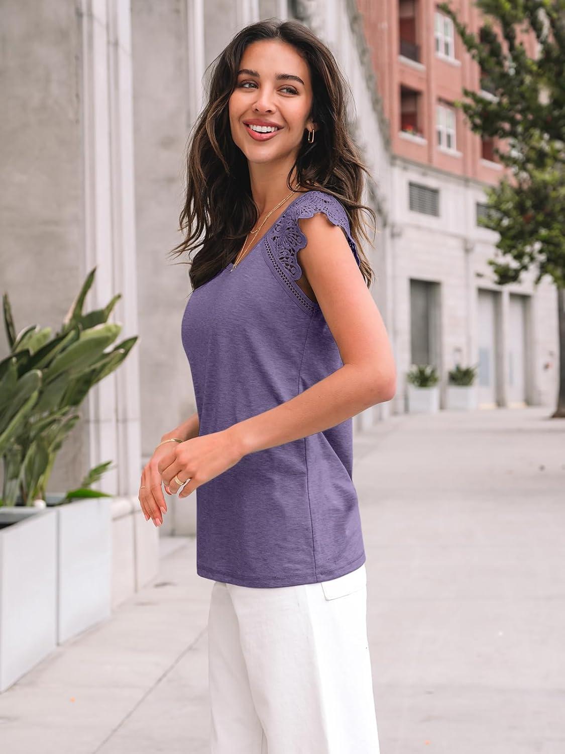 imageAUTOMET Womens Tops Casual Dressy Lace Summer Tee 2025 Cap Sleeve T Shirts Cute Basic Trendy Fashion Spring OutfitsGreypurple