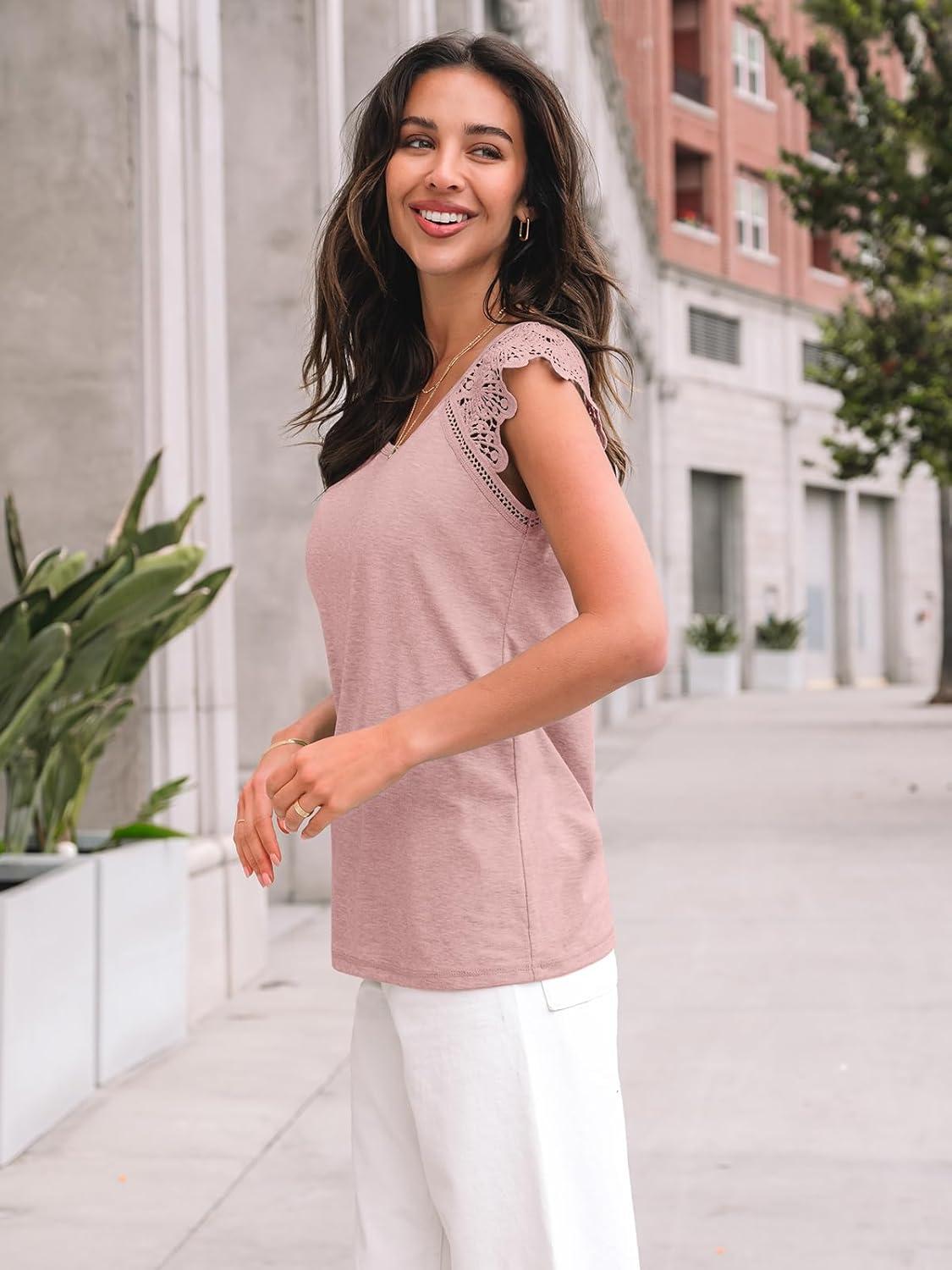 imageAUTOMET Womens Tops Casual Dressy Lace Summer Tee 2025 Cap Sleeve T Shirts Cute Basic Trendy Fashion Spring OutfitsPink