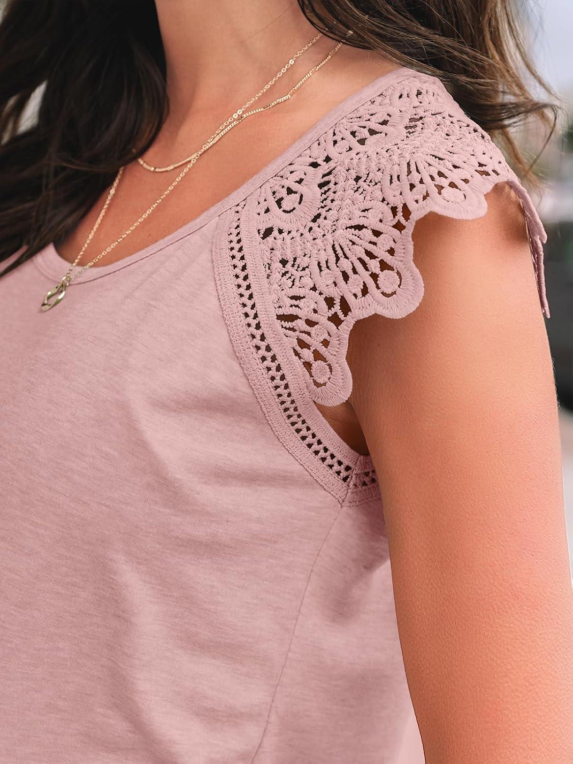 imageAUTOMET Womens Tops Casual Dressy Lace Summer Tee 2025 Cap Sleeve T Shirts Cute Basic Trendy Fashion Spring OutfitsPink