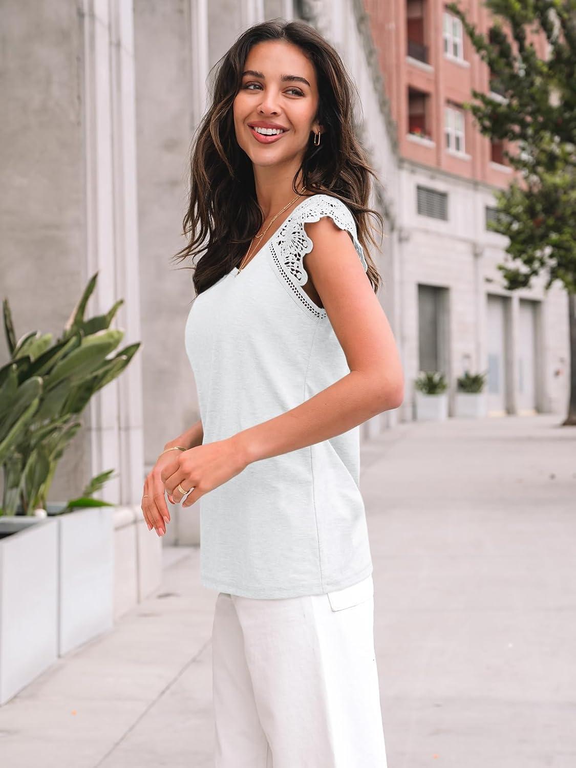 imageAUTOMET Womens Tops Casual Dressy Lace Summer Tee 2025 Cap Sleeve T Shirts Cute Basic Trendy Fashion Spring OutfitsWhite