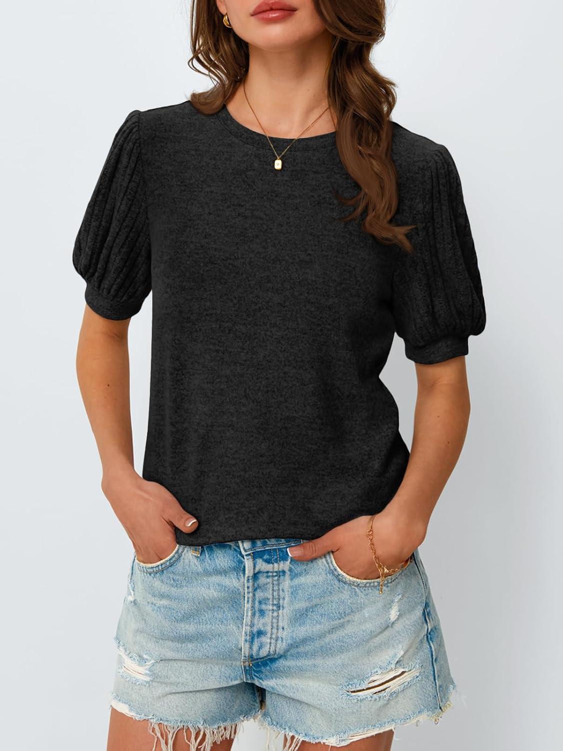 imageAUTOMET Womens Tops Summer Sweater Long Tunic Dressy Casual Blouses Business Cute Trendy Short Sleeve Shirt 2025Black