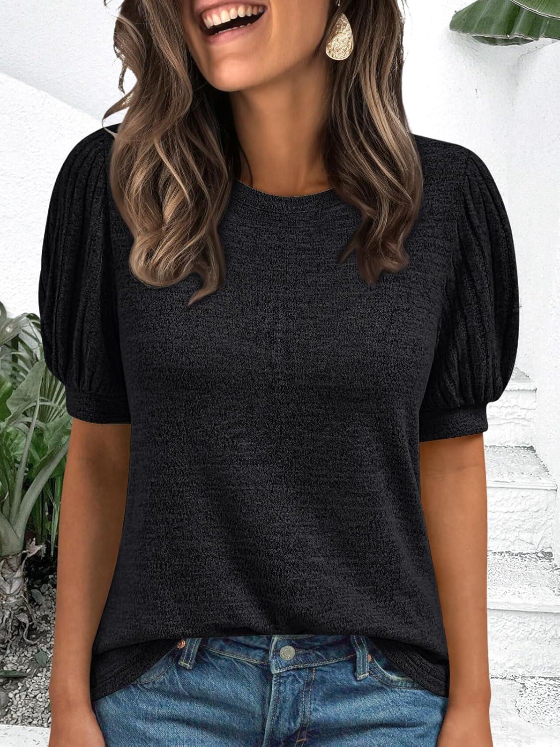 imageAUTOMET Womens Tops Summer Sweater Long Tunic Dressy Casual Blouses Business Cute Trendy Short Sleeve Shirt 2025Black