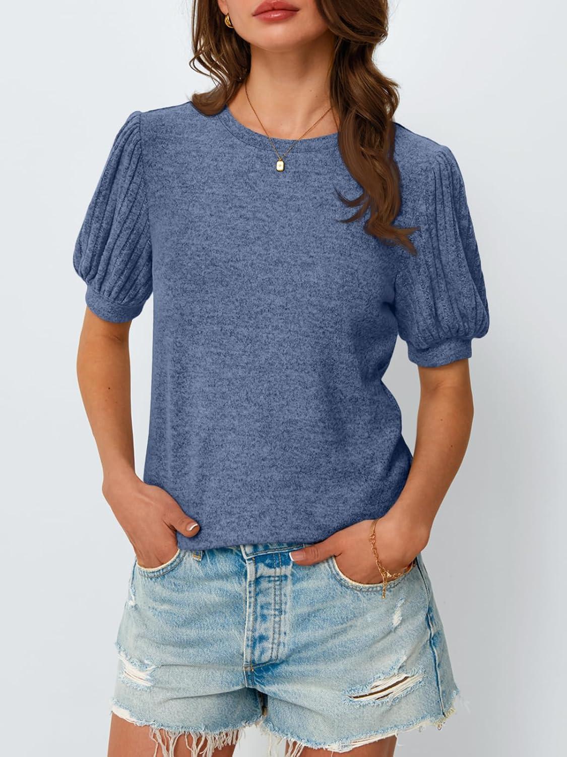 imageAUTOMET Womens Tops Summer Sweater Long Tunic Dressy Casual Blouses Business Cute Trendy Short Sleeve Shirt 2025Blue
