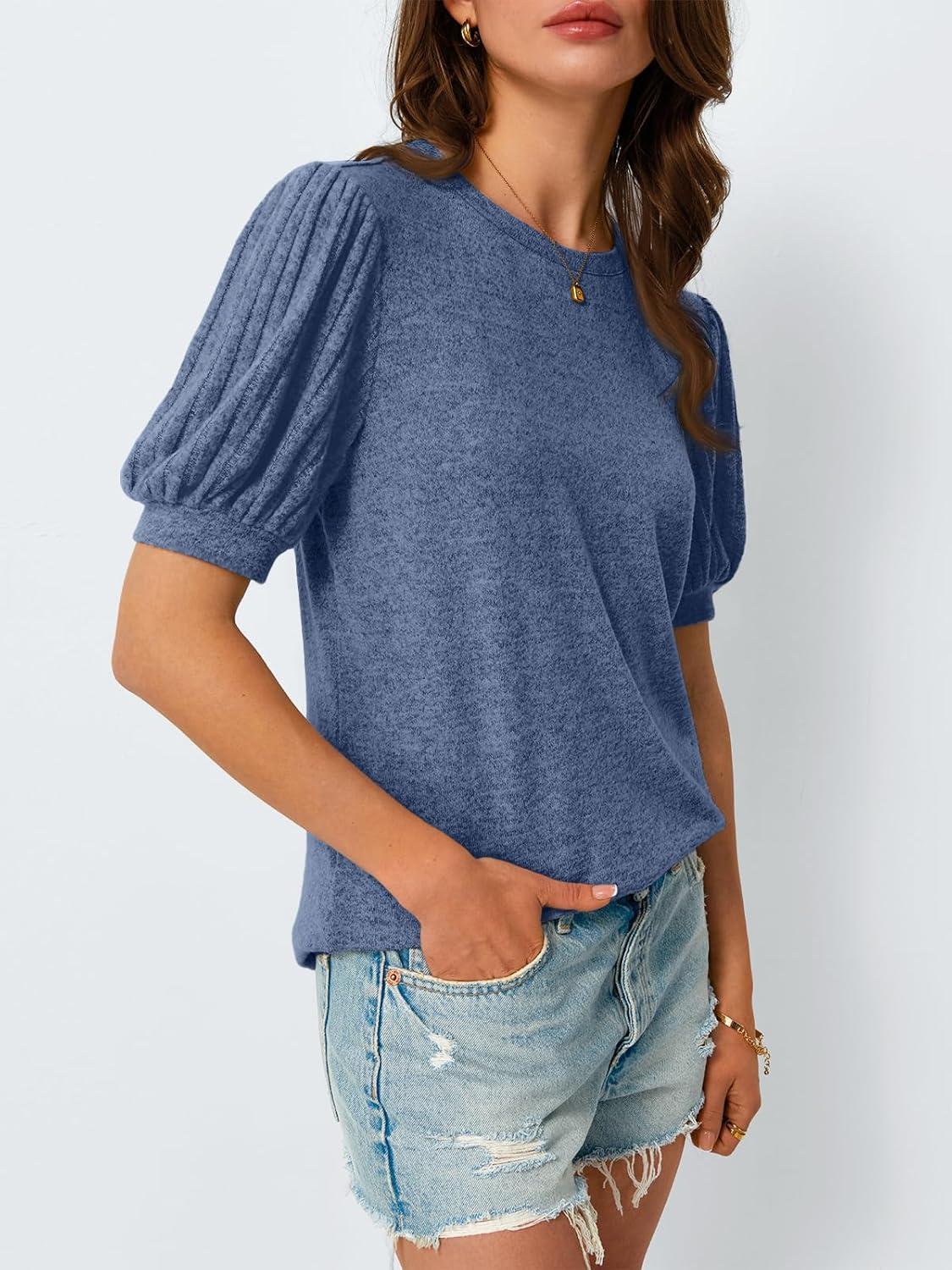 imageAUTOMET Womens Tops Summer Sweater Long Tunic Dressy Casual Blouses Business Cute Trendy Short Sleeve Shirt 2025Blue