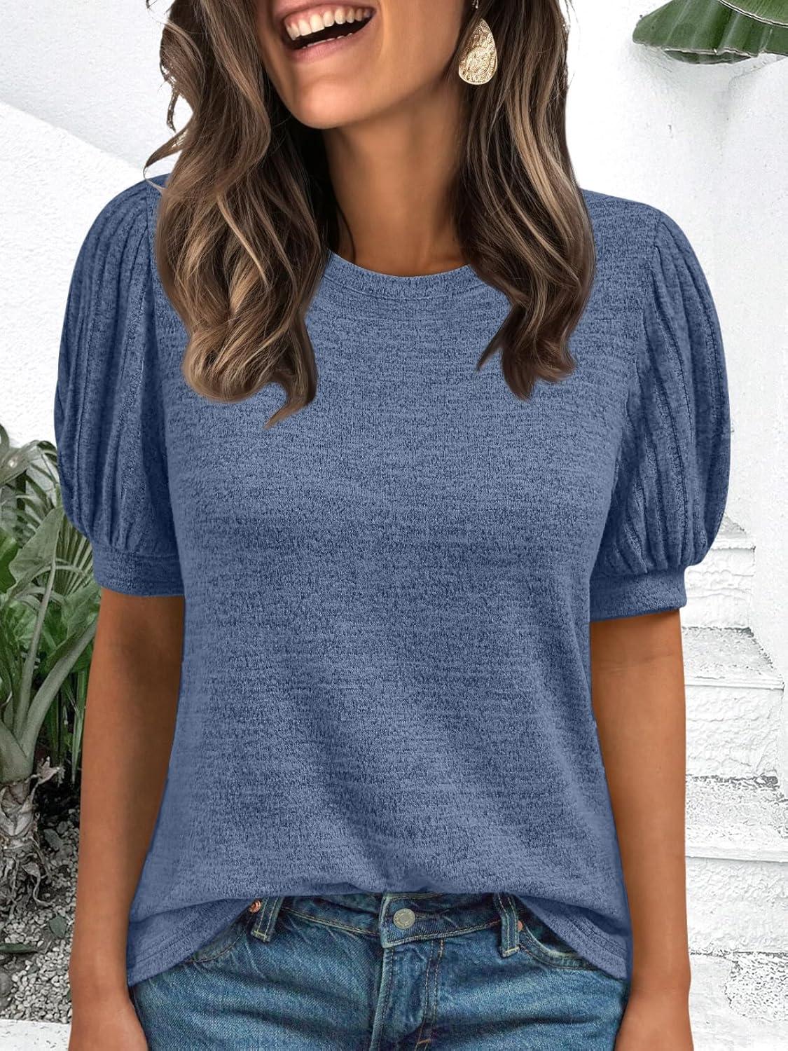 imageAUTOMET Womens Tops Summer Sweater Long Tunic Dressy Casual Blouses Business Cute Trendy Short Sleeve Shirt 2025Blue