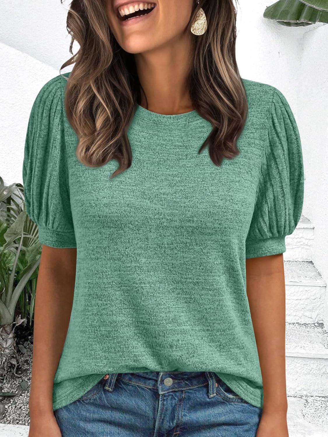 imageAUTOMET Womens Tops Summer Sweater Long Tunic Dressy Casual Blouses Business Cute Trendy Short Sleeve Shirt 2025Green
