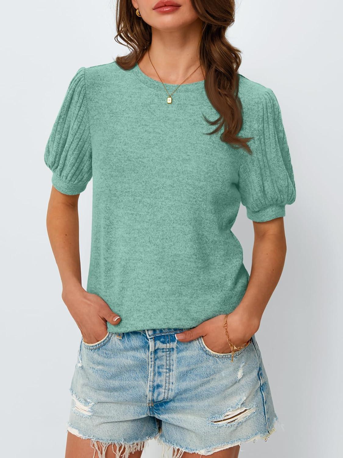 imageAUTOMET Womens Tops Summer Sweater Long Tunic Dressy Casual Blouses Business Cute Trendy Short Sleeve Shirt 2025Green