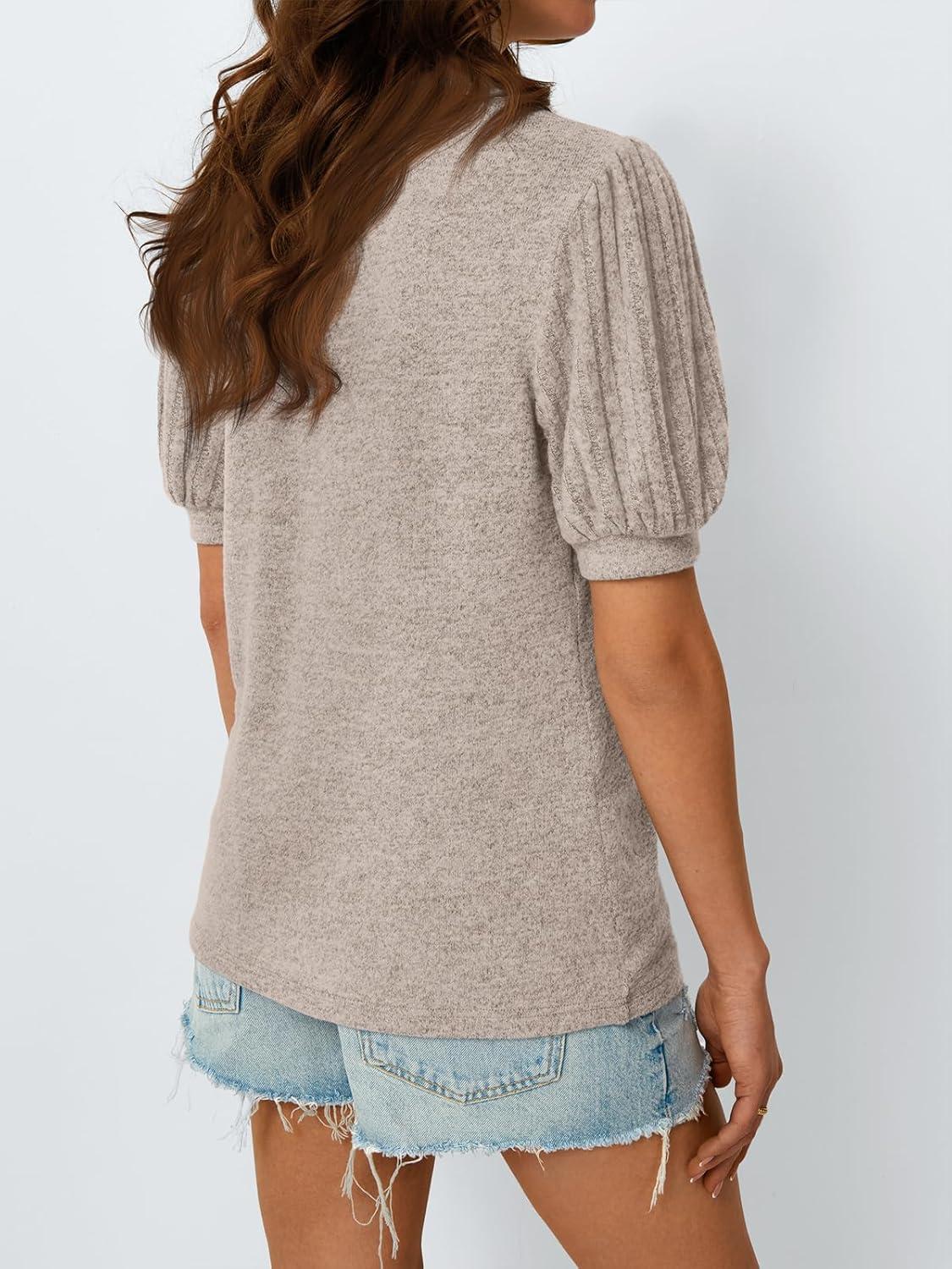 imageAUTOMET Womens Tops Summer Sweater Long Tunic Dressy Casual Blouses Business Cute Trendy Short Sleeve Shirt 2025Khaki