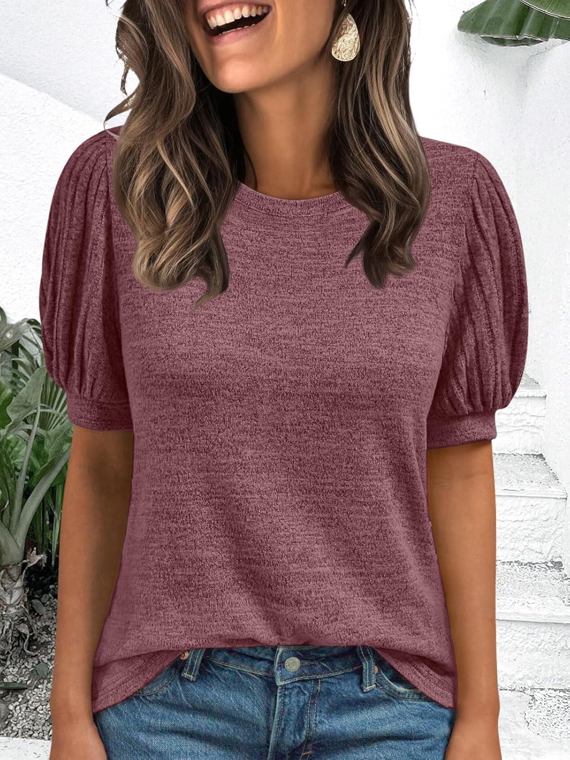 imageAUTOMET Womens Tops Summer Sweater Long Tunic Dressy Casual Blouses Business Cute Trendy Short Sleeve Shirt 2025Wine