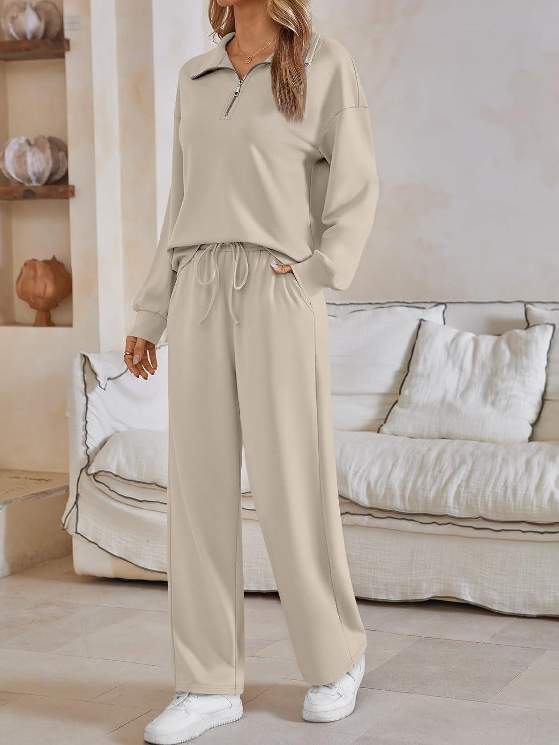 imageAUTOMET Womens Track Suits Set Sweatsuits Two Piece Outfits Lounge Sets Half Zip Lapel Sweatshirts Fall Fashion ClothesKhaki