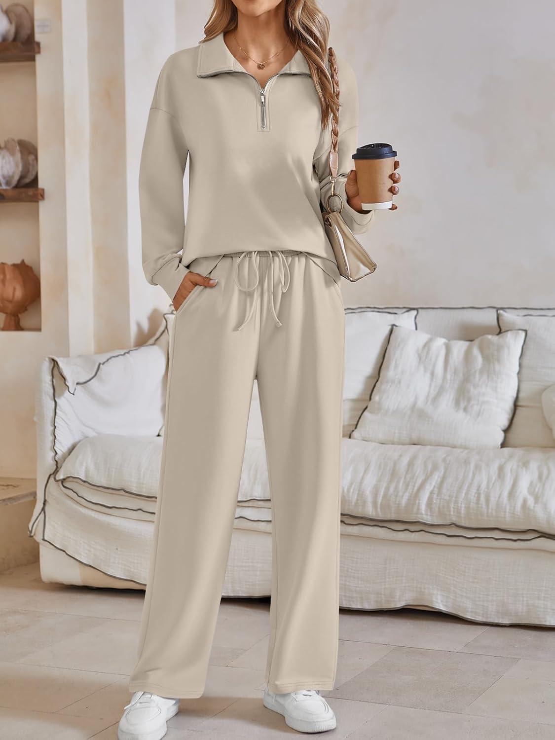 imageAUTOMET Womens Track Suits Set Sweatsuits Two Piece Outfits Lounge Sets Half Zip Lapel Sweatshirts Fall Fashion ClothesKhaki