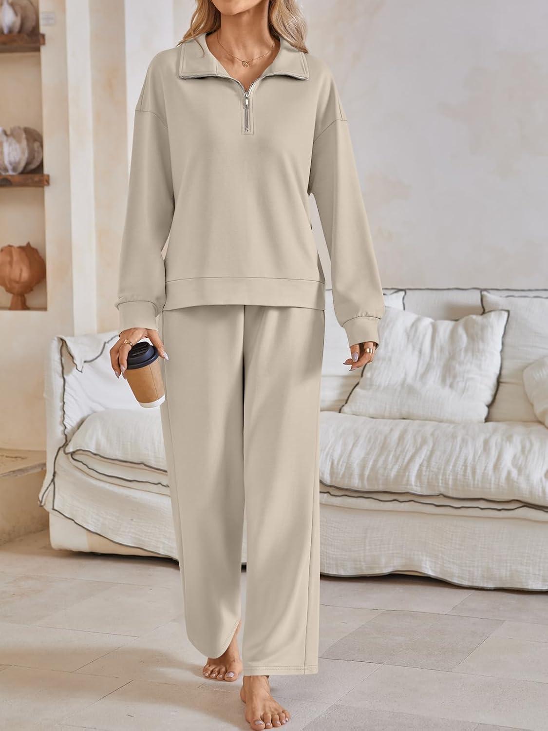 imageAUTOMET Womens Track Suits Set Sweatsuits Two Piece Outfits Lounge Sets Half Zip Lapel Sweatshirts Fall Fashion ClothesKhaki