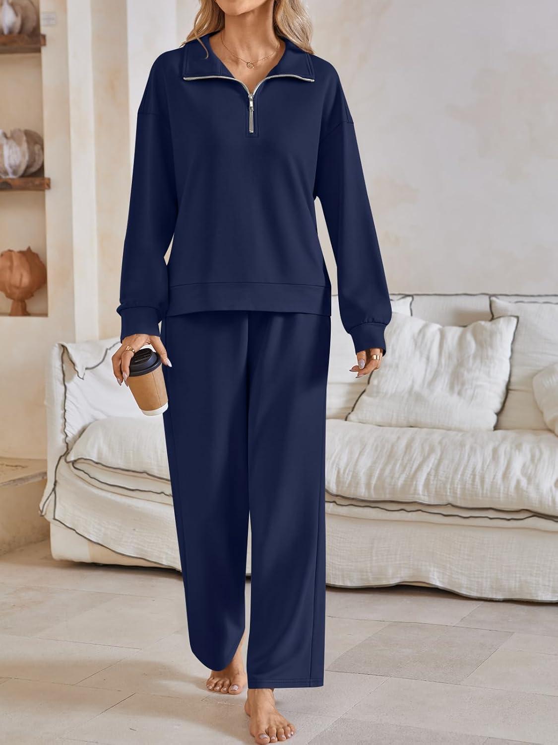 imageAUTOMET Womens Track Suits Set Sweatsuits Two Piece Outfits Lounge Sets Half Zip Lapel Sweatshirts Fall Fashion ClothesNavyblue