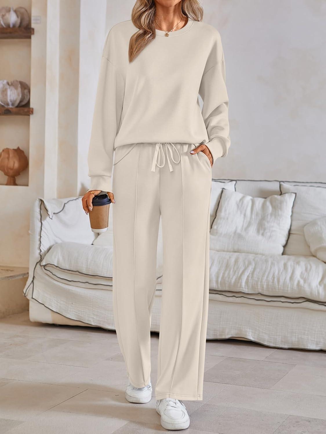 imageAUTOMET Womens Two Piece Lounge Sets Sweatsuits Outfit Wide Leg Sweatpants Tracksuit Loungewear Sweatshirt with PocketsApricot