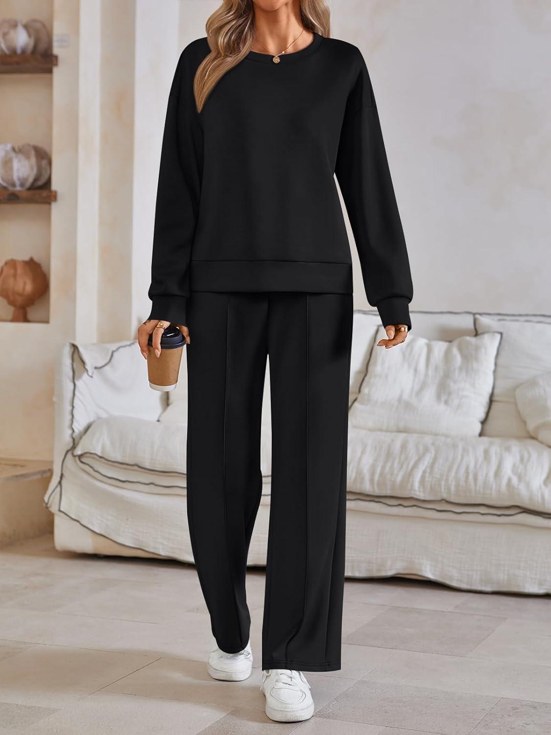 imageAUTOMET Womens Two Piece Lounge Sets Sweatsuits Outfit Wide Leg Sweatpants Tracksuit Loungewear Sweatshirt with PocketsBlack