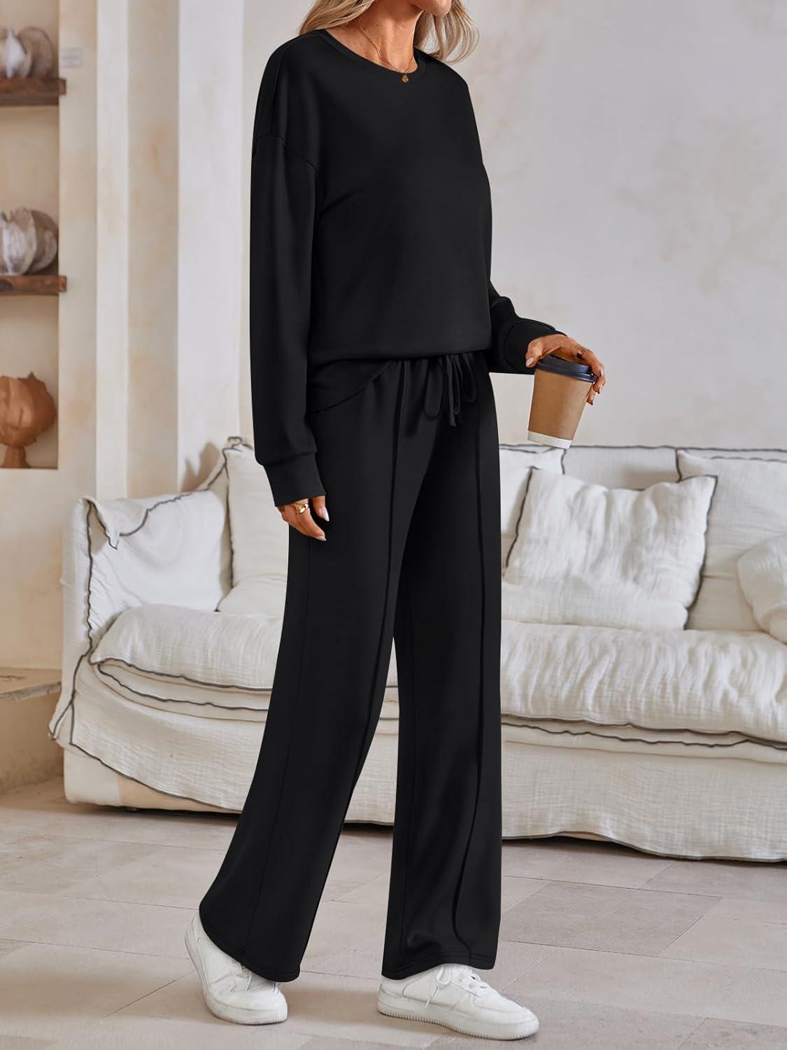 imageAUTOMET Womens Two Piece Lounge Sets Sweatsuits Outfit Wide Leg Sweatpants Tracksuit Loungewear Sweatshirt with PocketsBlack