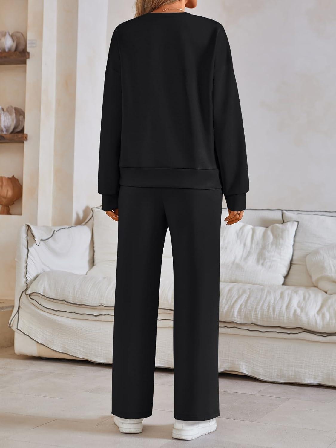 imageAUTOMET Womens Two Piece Lounge Sets Sweatsuits Outfit Wide Leg Sweatpants Tracksuit Loungewear Sweatshirt with PocketsBlack