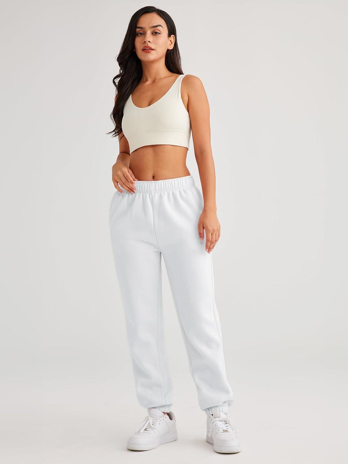 imageAUTOMET Womens Winter Casual Baggy Fleece Lined Sweatpants Fashion High Waisted Joggers Pants Athletic Clothes with PocketsWhite
