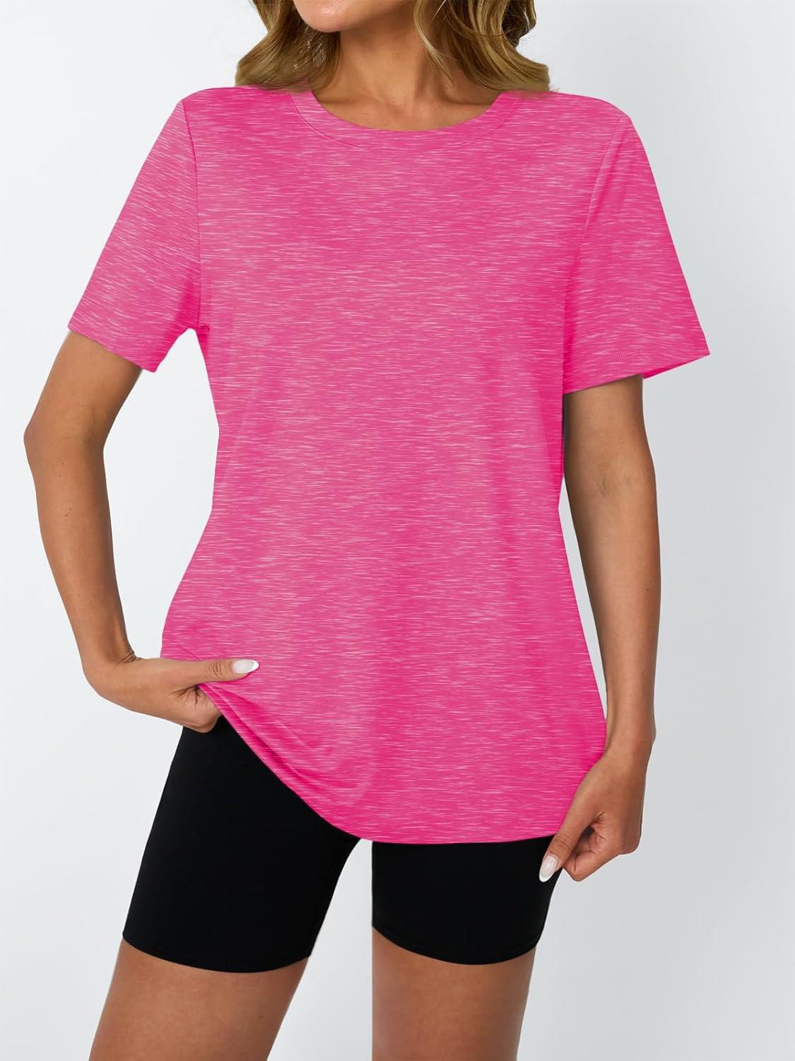 imageAUTOMET Womens Workout Tops Short Sleeve Gym Shirts Summer Athletic Yoga Tshirts Loose Fit Casual Clothes 2025Neonpink
