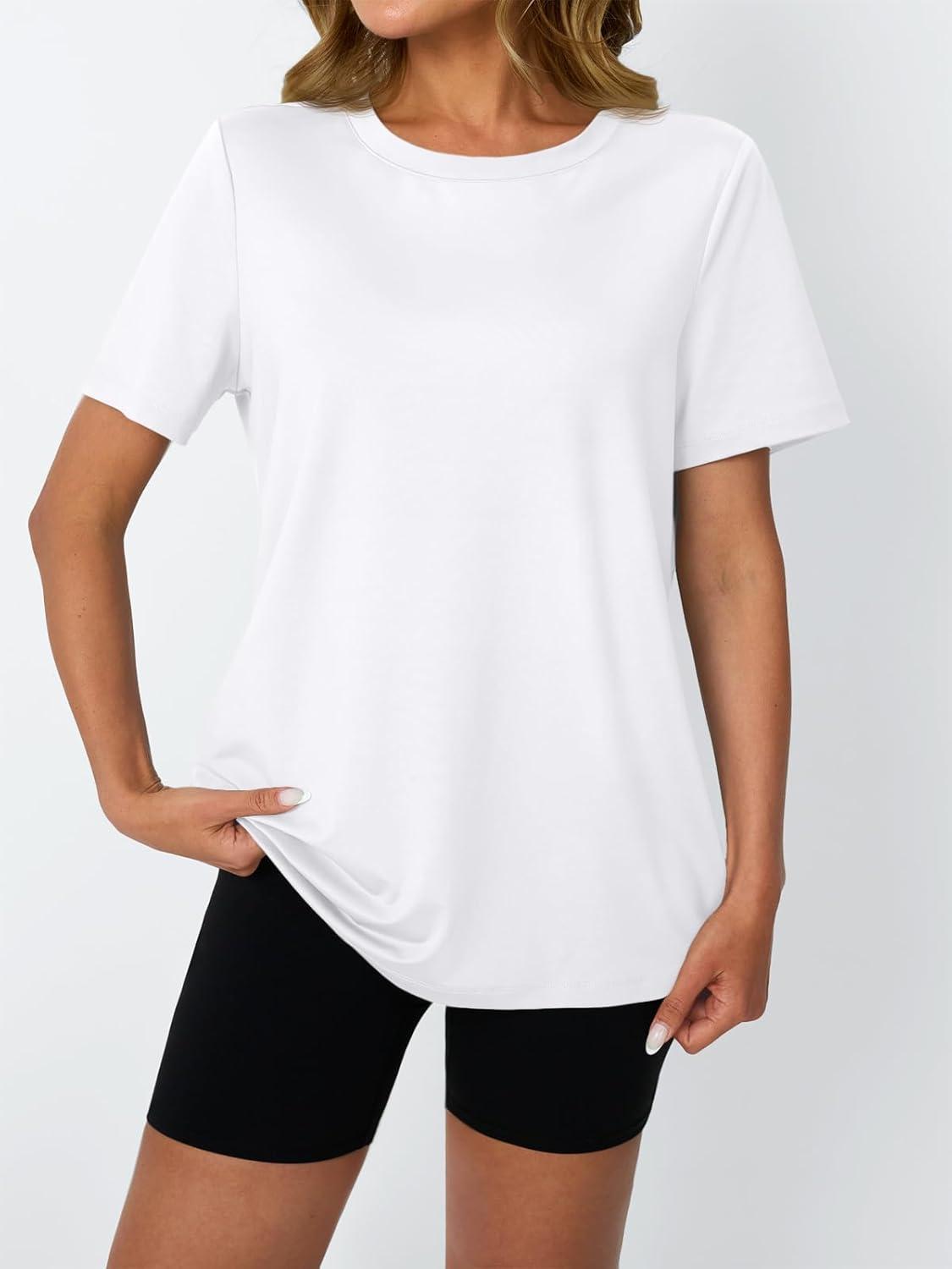 imageAUTOMET Womens Workout Tops Short Sleeve Gym Shirts Summer Athletic Yoga Tshirts Loose Fit Casual Clothes 2025White