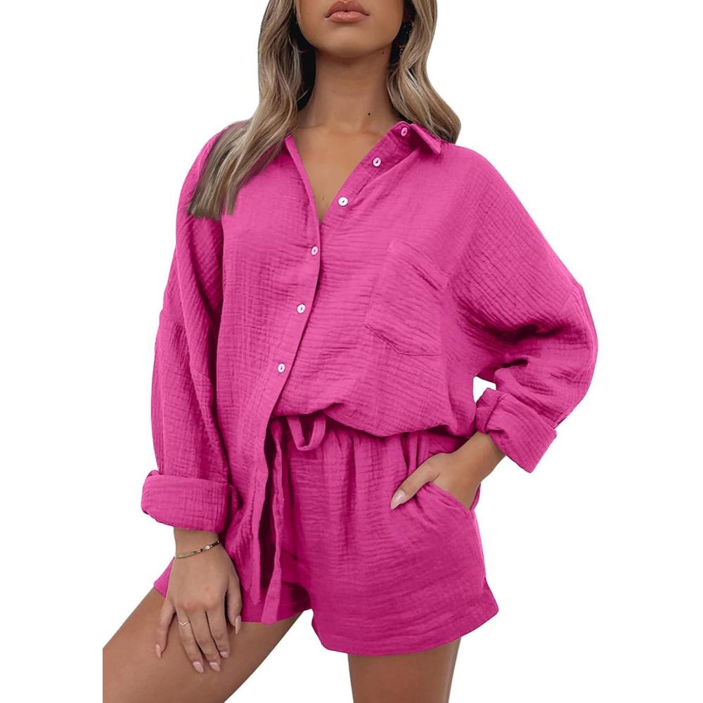 imageAUTOMET 2 Piece Sets For Women Lounge Wear Matching Two Piece Pajama Fashion Oversized Shirts And Shorts Spring Outfit 202501hotpink