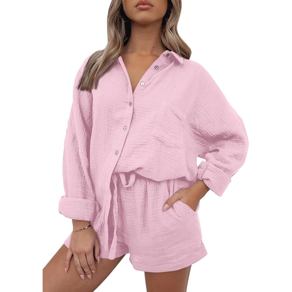 imageAUTOMET 2 Piece Sets For Women Lounge Wear Matching Two Piece Pajama Fashion Oversized Shirts And Shorts Spring Outfit 202501pink