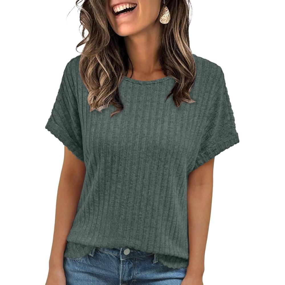 imageAUTOMET Women Textured Shirts Fall Sweaters Loose Fit Short Sleeve Tunic Tops 2025 Dressy Casual Business BlousesGreen