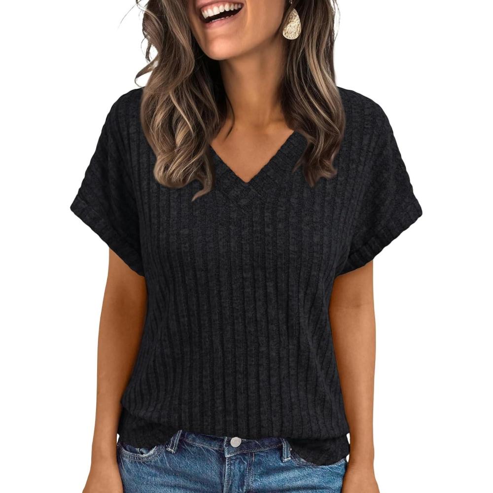 imageAUTOMET Women Tops Summer Sweaters Short Sleeve V Neck Shirts 2025 Spring Fashion Dressy Casual Business Tunic BlousesBlack